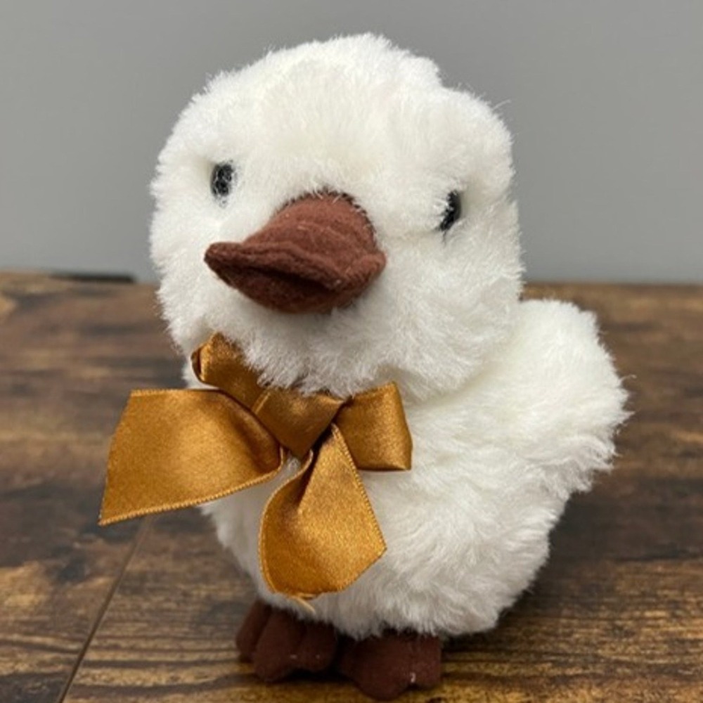 White Duckling Plush Stuffed Animal Bird with Gold Bow Soft Fuzzy Toy Mini 5"